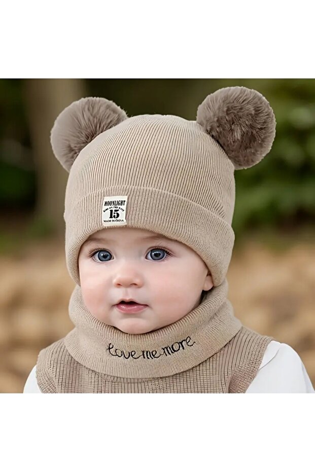 Cute Teddy Bear Ears, Knitted Girl & Boy Beanie and Neck Collar Set 0-24 Months