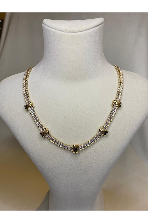 Xoxo Vip Stainless Steel Necklace Baguette Waterway Zircon Stone - 40+5 cm Length