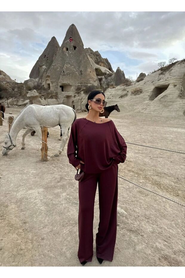Boat Neck Batwing Sleeve Reverse Stitch Detail Top Elastic Waist Pocketed Pants Flowy Stylish Comfortable Set