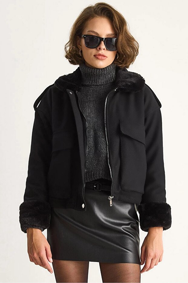 Women's Black Collar and Sleeve Plush Detailed Bell-Bottom Pocket Cashmere Coat - Zippered, Stylish Winter Jacket 2751