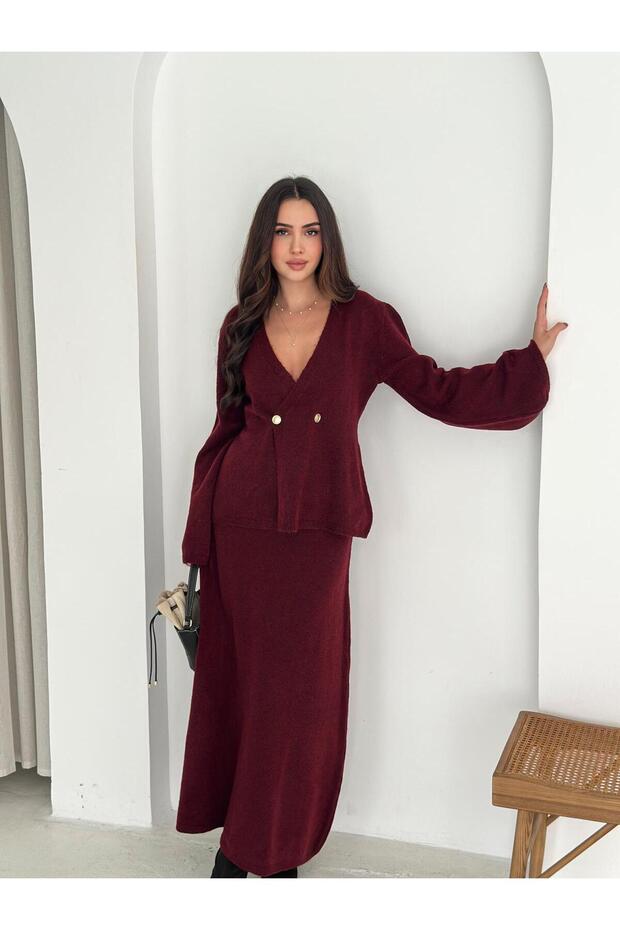 Soft Knit Double-Breasted Women's Two-Piece Set with Cardigan and High Waist Skirt