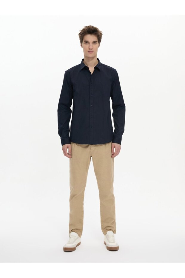 Uzun Kollu Önü Düğmeli Basic Lacivert Gömlek - 1