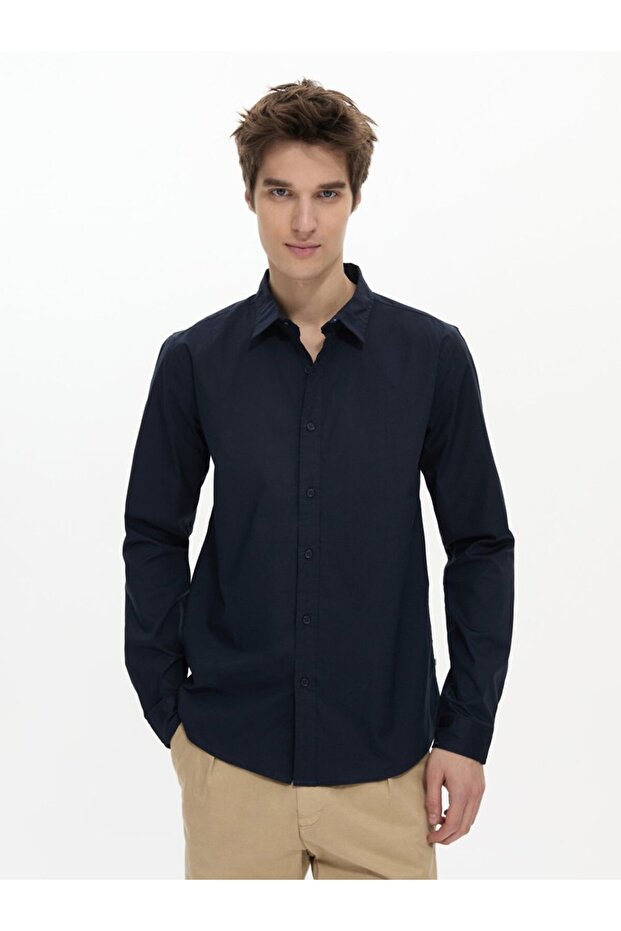 Uzun Kollu Önü Düğmeli Basic Lacivert Gömlek - 2