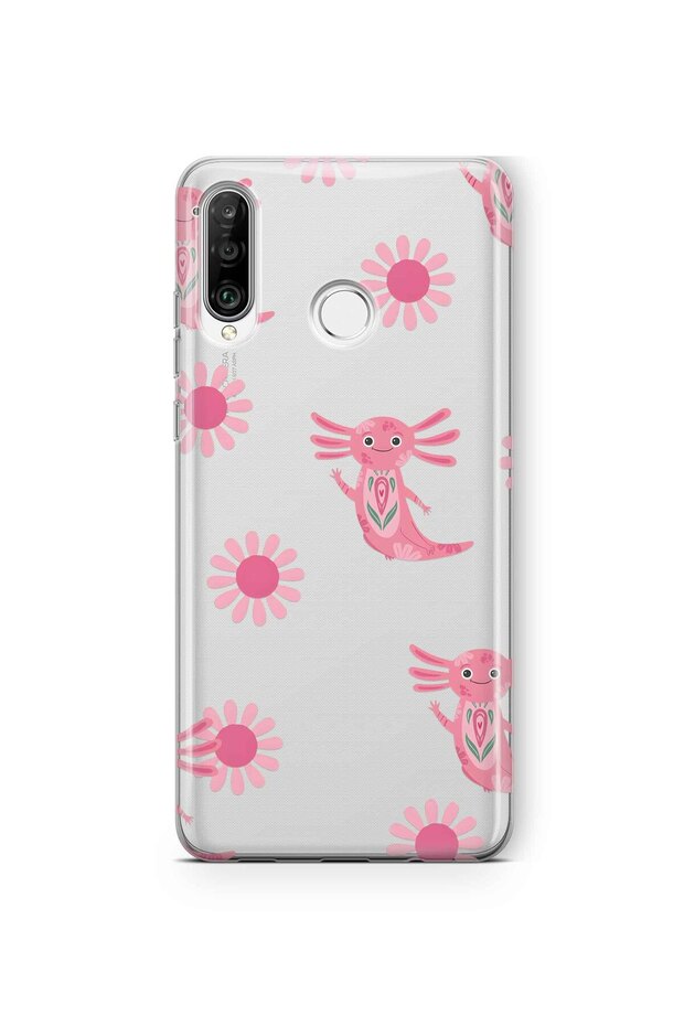 Huawei P30 Lite Compatible Pink Axolotl Patterned Transparent Phone Case