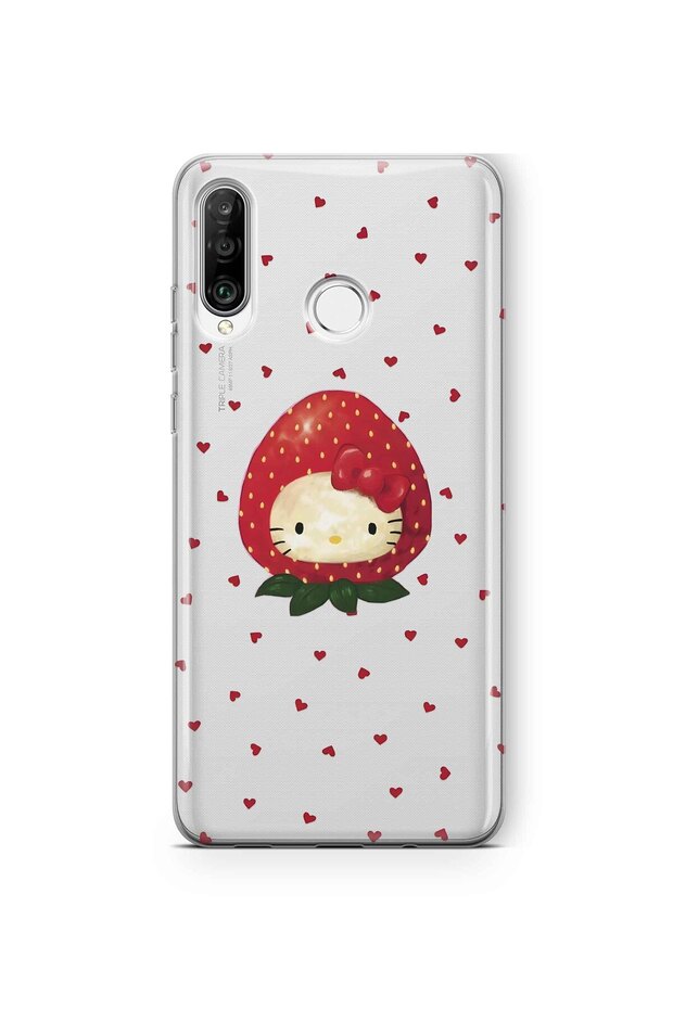 Huawei P30 Lite Compatible Strawberry Hello Kitty Patterned Transparent Phone Case