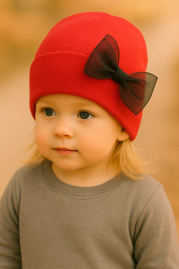 Flexible Ribbed Tulle Bow Detailed Beret