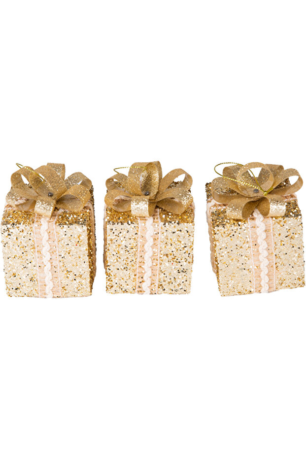 Christmas Ornament, Gift Wrap, Glitter, Gold - with Ribbon, Pack of 3, 9 cm