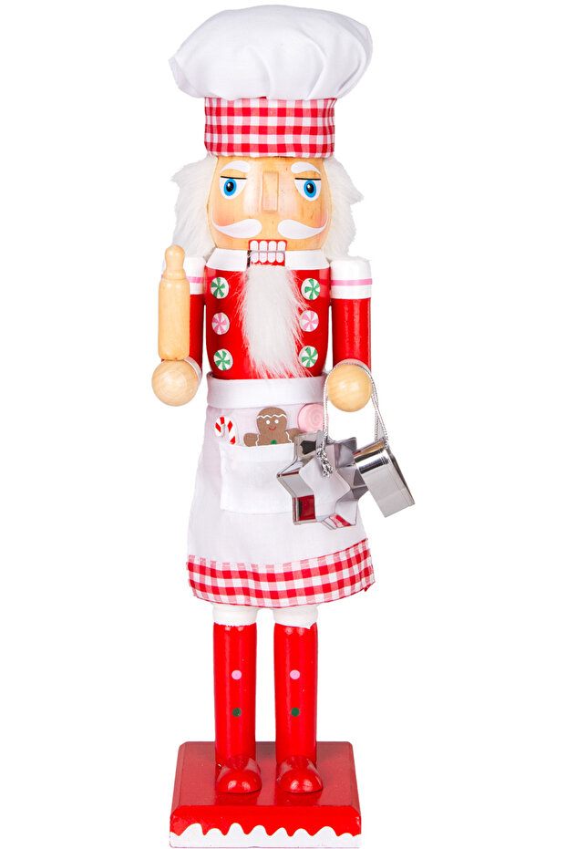 Christmas Ornament, Wooden Cook, Red-White - Holding a Rolling Pin and Cake Mold, 8.5X38 cm
