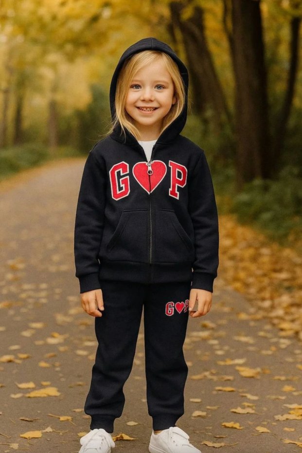 Girl's Heart Detailed Zippered Navy Blue 100% Cotton Set