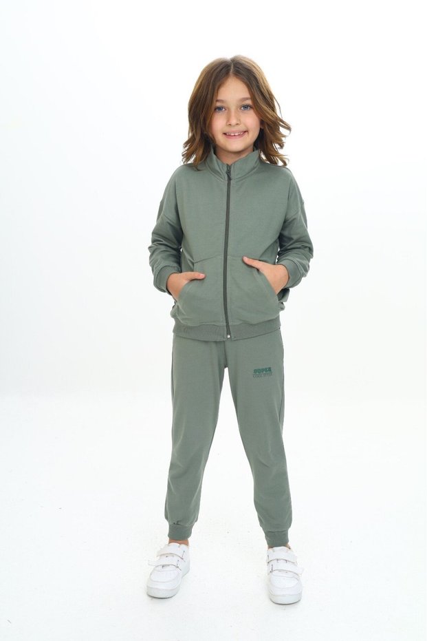 Girl's 2-Piece Set: Sweatshirt with Mock Neck Zipper Pockets & Ribbed Waist and Cuffed Leg Sweatpants