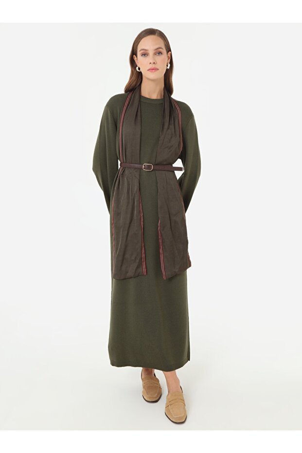 Basic Rahat Kalıp Triko Tesettür Elbise - Haki - - 1