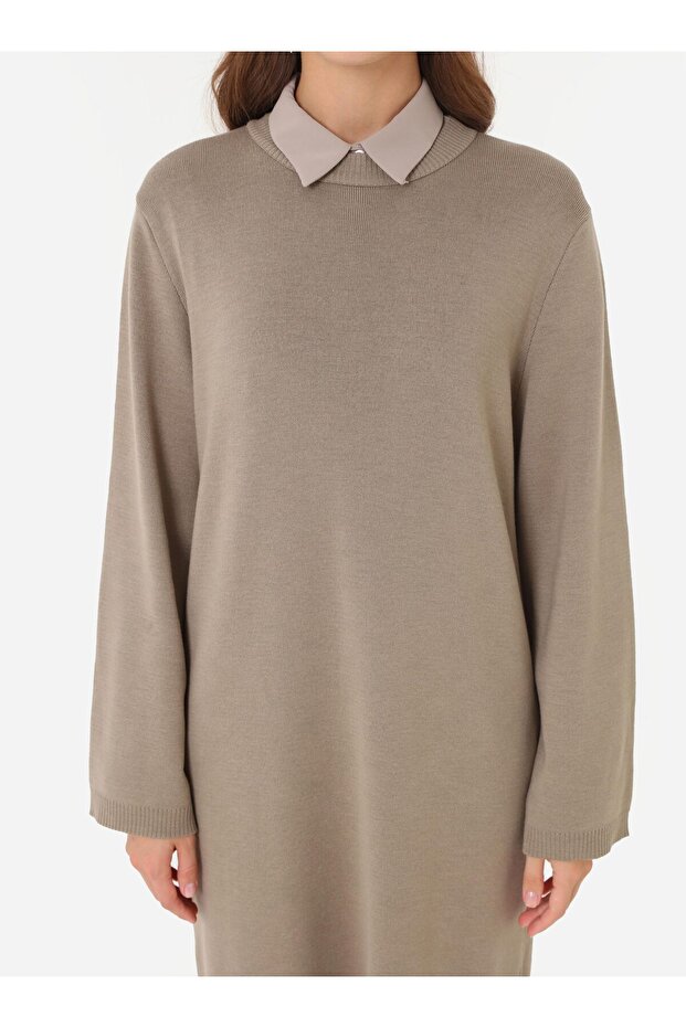 Basic Rahat Kalıp Triko Tesettür Elbise - Vizon - - 4