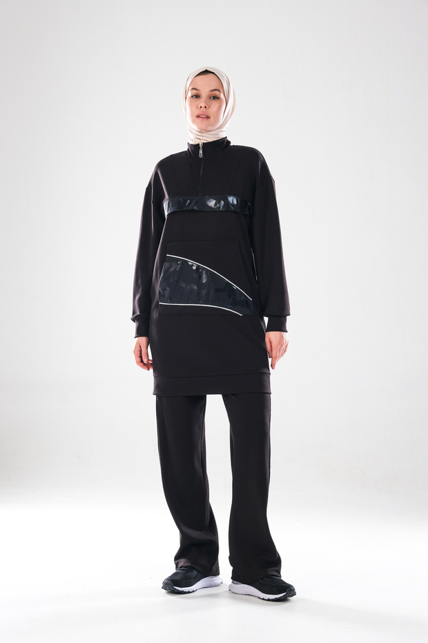 Women's Black Zippered High Collar Kangaroo Pocket Silver Piping Detailed, Hijab Sports Tracksuit Set _2280