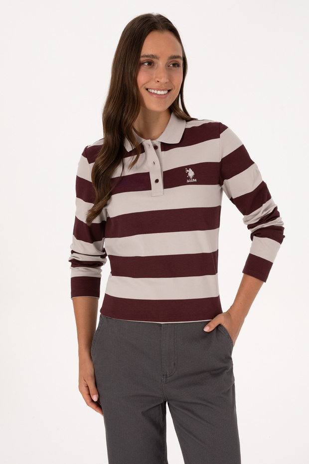 Women's Burgundy Striped Polo Neck Sweatshirt 50314207-Vr177