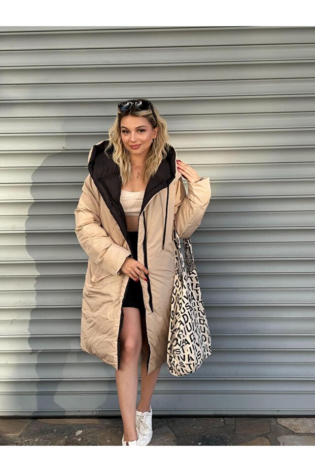 oversize çift taraflı uzun şişme mont - 5