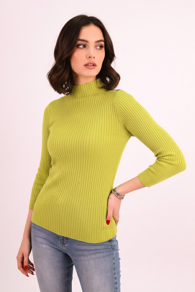 Women's Oil Green Mock Neck Knitwear Sweater with Staple Detail on the Shoulders Arm-26K136065