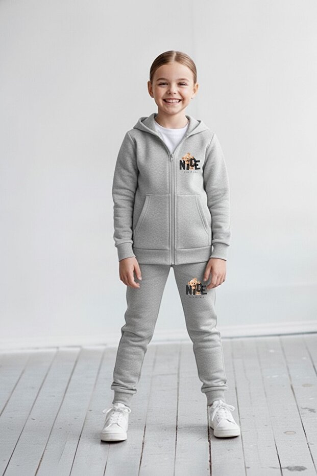 Unisex Children Printed Hooded Zippered Tracksuit Set