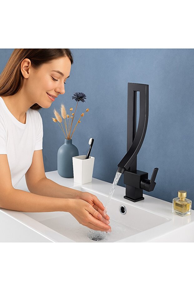 Matte Black Waterfall 360 Degree Swivel Square Basin Bathroom Sink Faucet