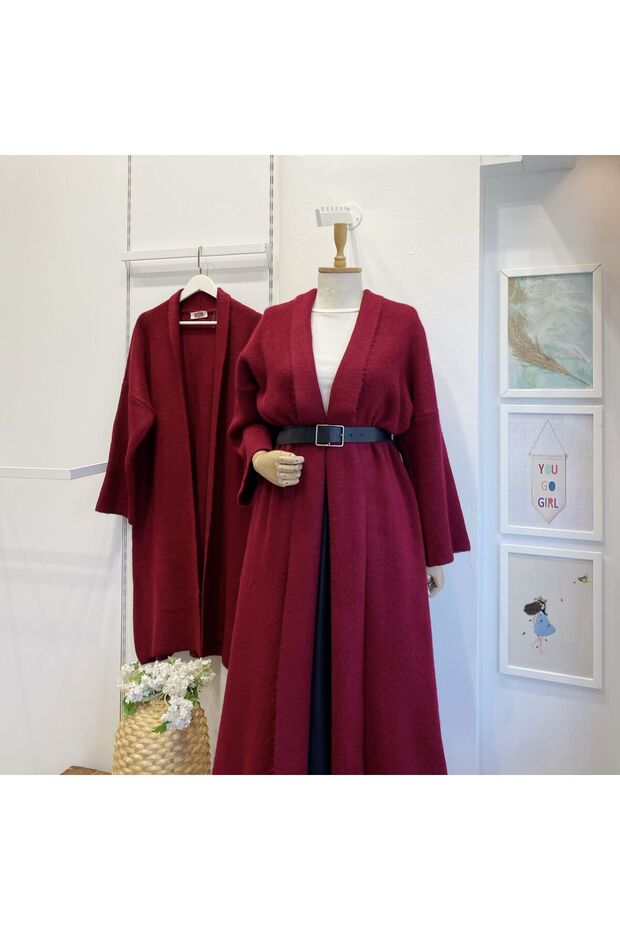 Burgundy Casual Long Knit Cardigan