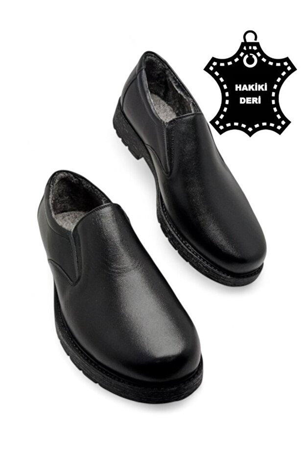 Black Fully Fur-Lined Winter Genuine Leather Thick Sole Men's Shoes