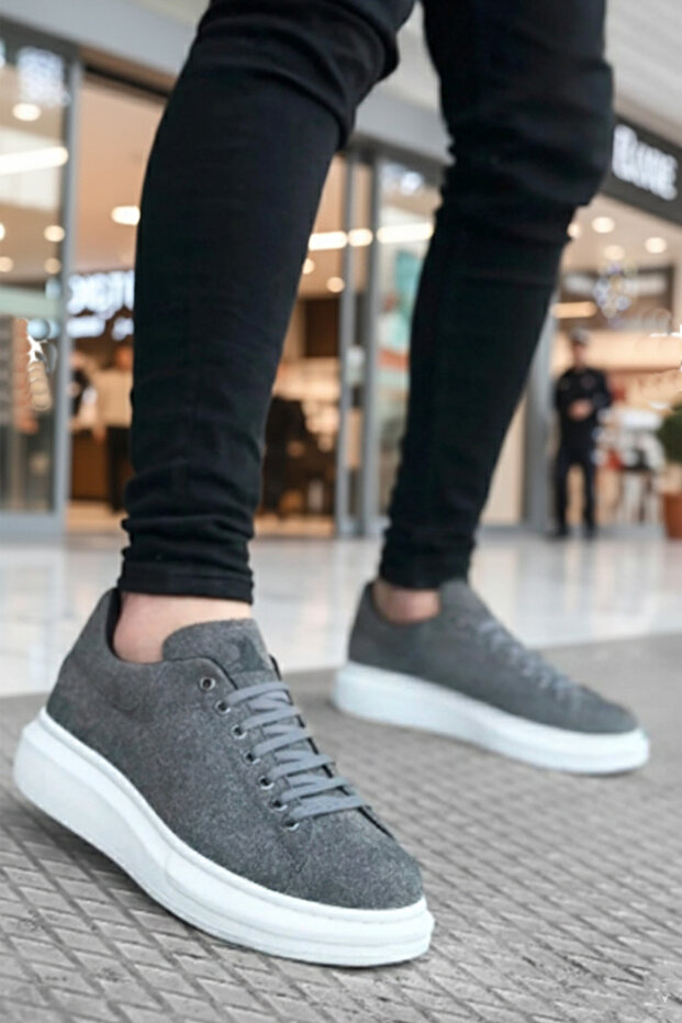 Men's Gray White Casual Lace-Up Suede Sports Shoes High Thick Sole Comfortable Stylish Comfortable Sneaker