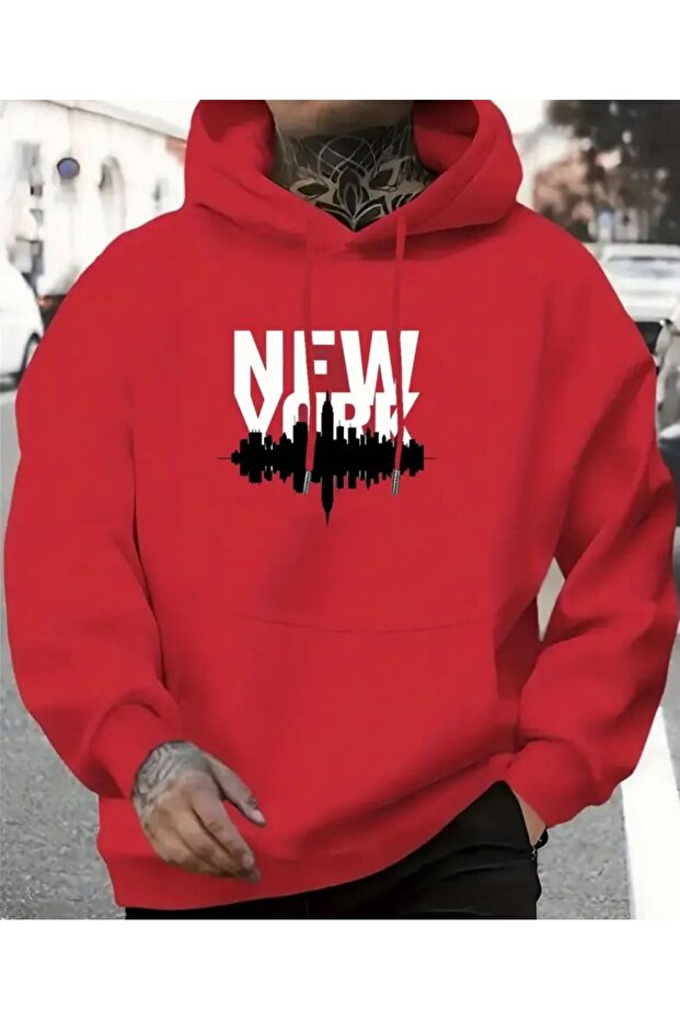 Newyork Printed Hooded Red Sweatshirt