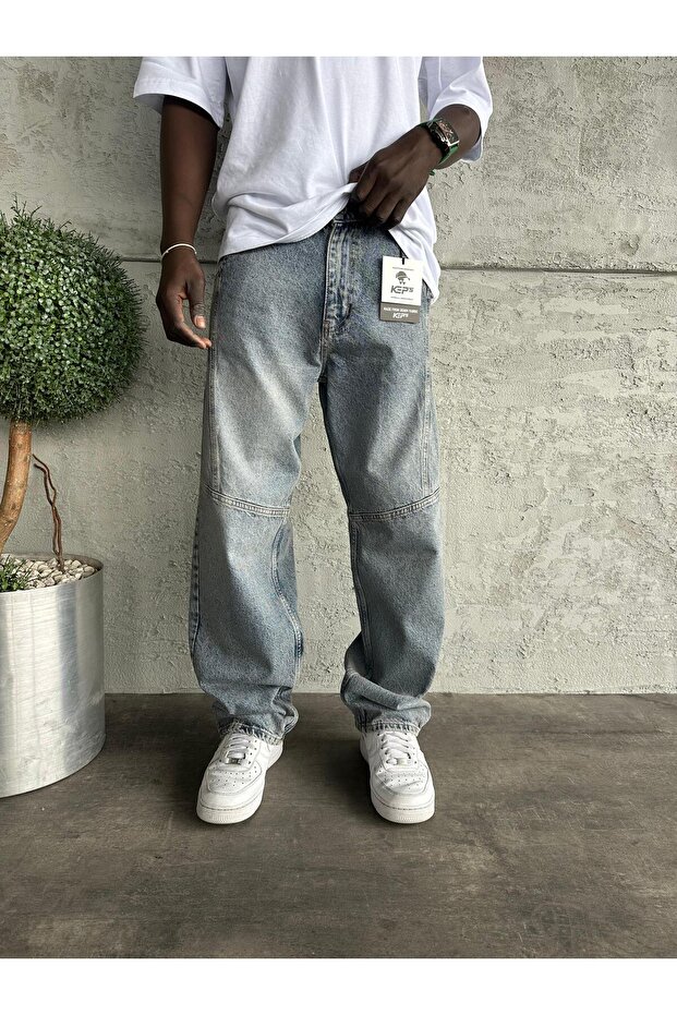 Blue Washed Relax Baggy Jean with Stitching Detail