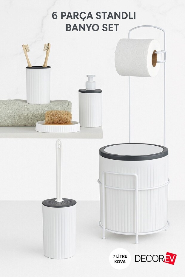 6-Piece Bathroom Set with Stand – 7-Liter Trash Can, Toilet Paper Holder, Soap Dispenser, Brush Holder Bathroom