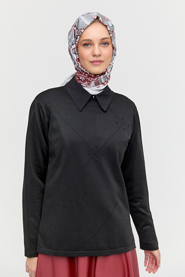 Parçalı Yırtmaçlı Triko Bluz - 4