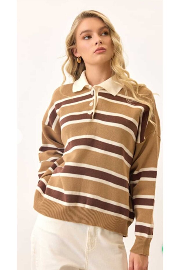 Polo Collar Half Button Closure Fits up to Size S XL Standard Size Striped Knitwear Sweater