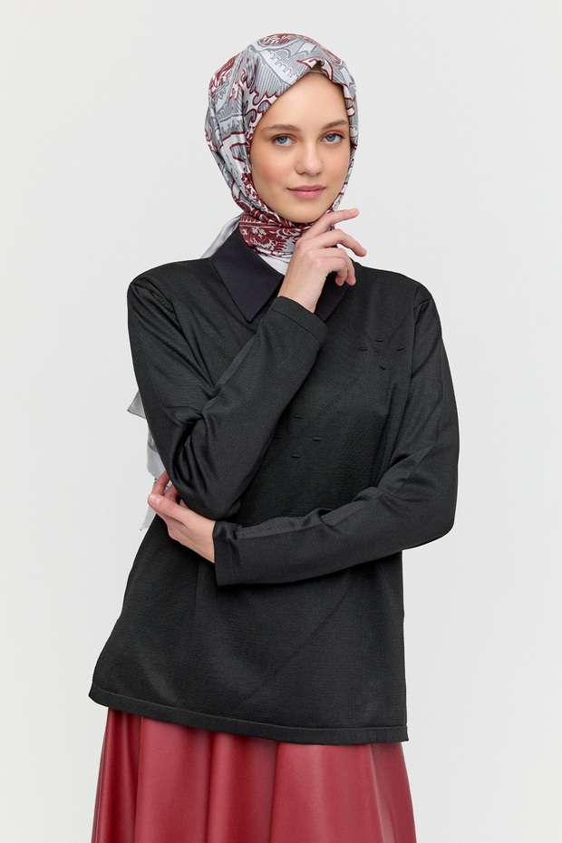 Parçalı Yırtmaçlı Triko Bluz - 1