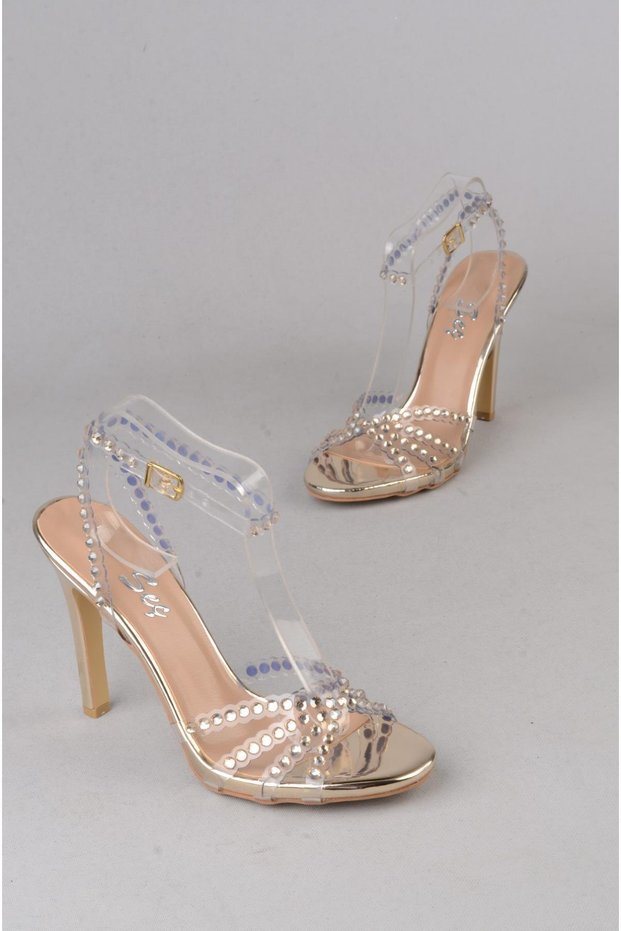 Seç 910 Stone-Detail Transparent Evening Dress Shoes Gold