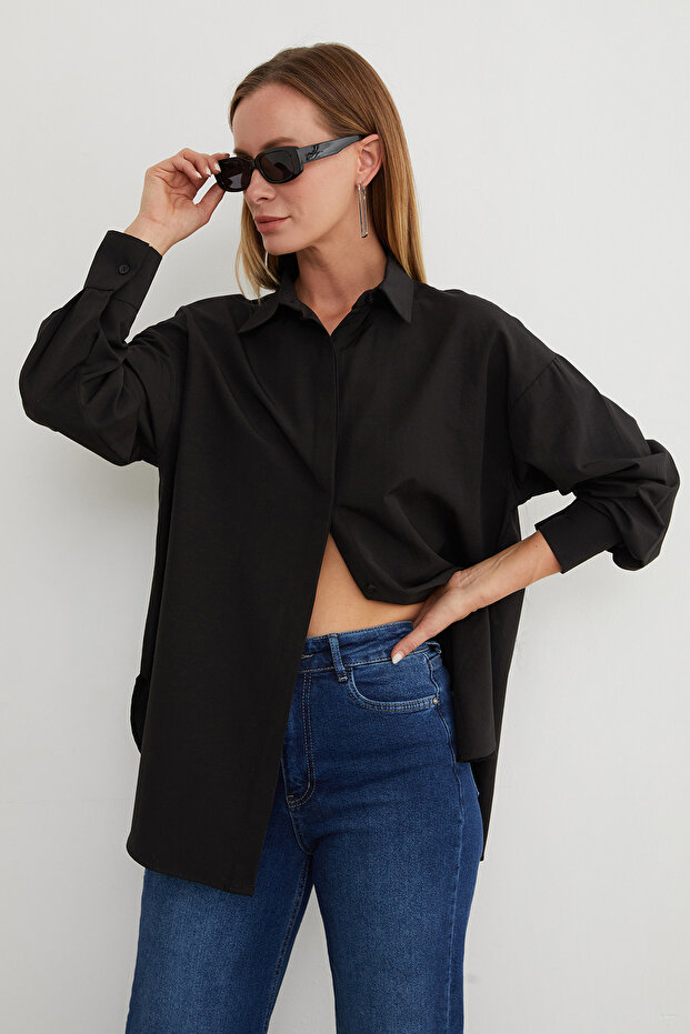 Basic Yırtmaçlı Oversize Gömlek - 3