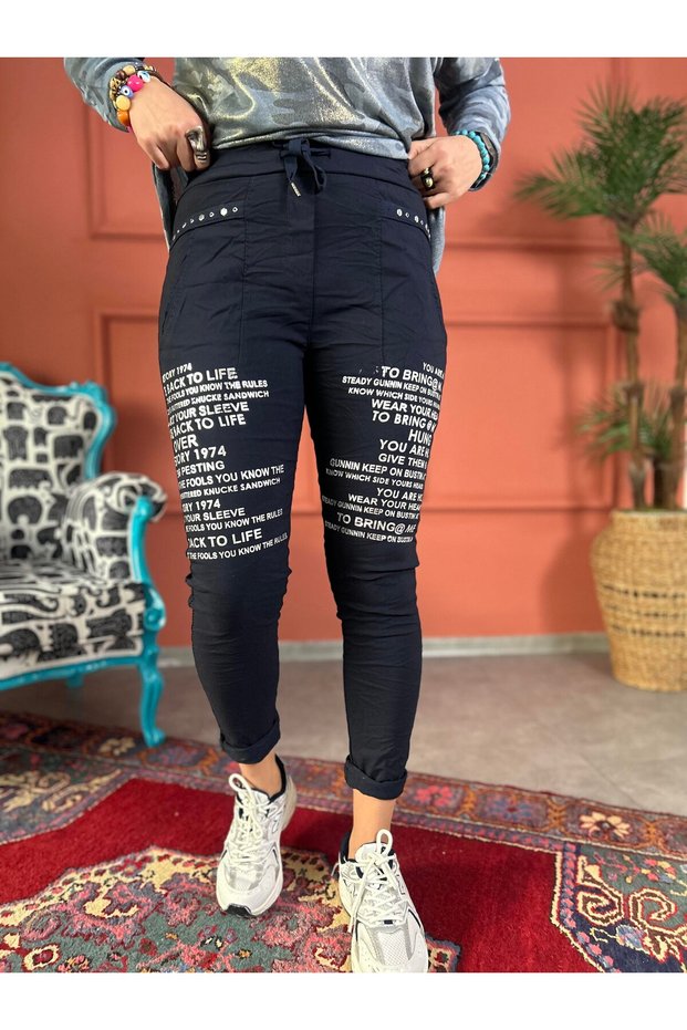 Park Moda Women's Italian Trousers with Text Detail, Staple Detail and Pockets