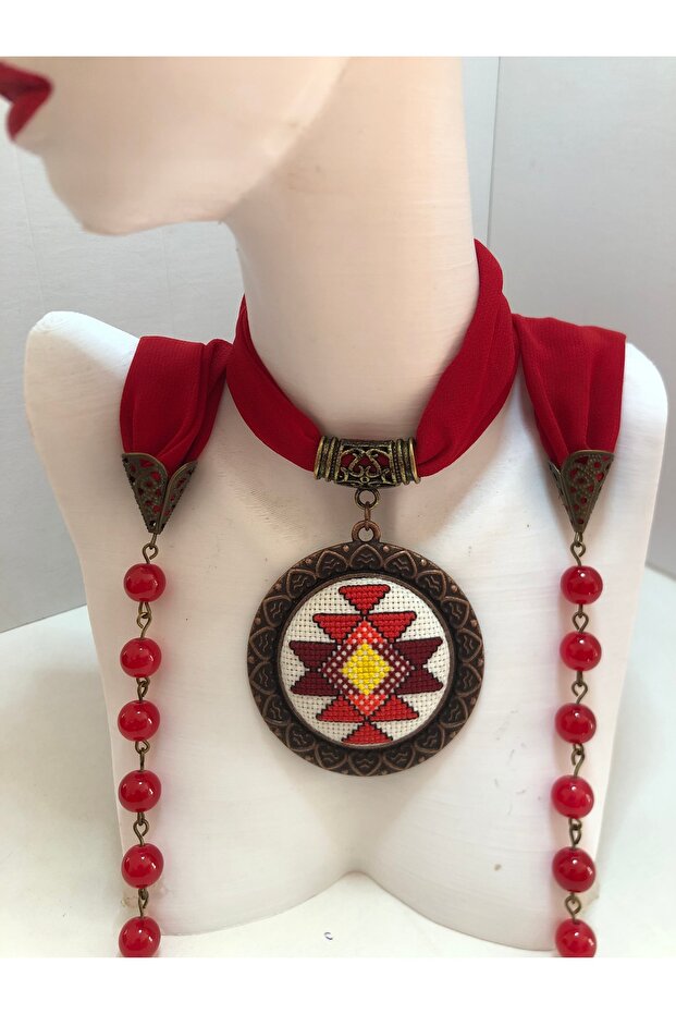 Kanaviçe İşlemeli Fular Kolye - 2