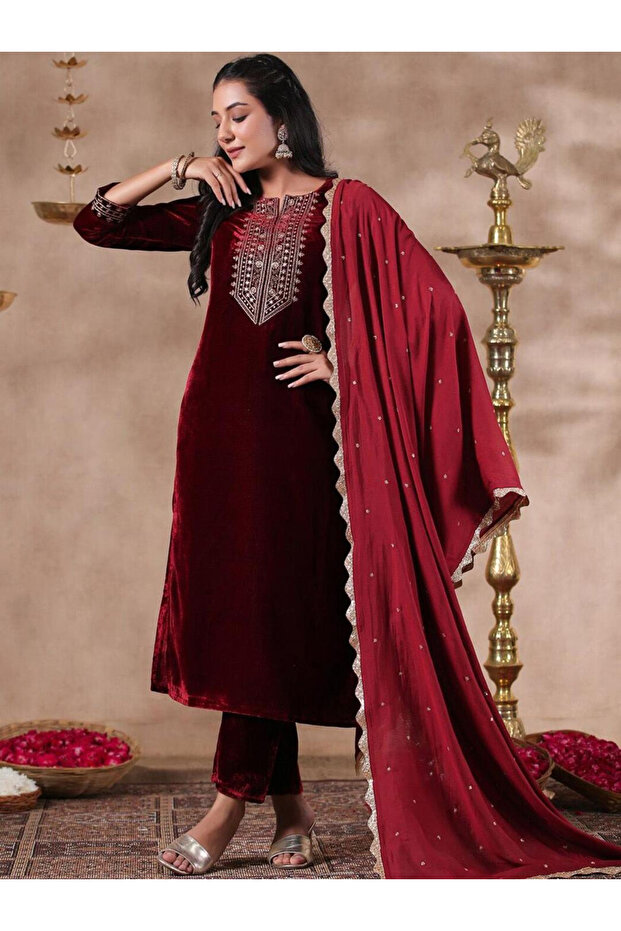 Maroon Velvet Kurta with Pants and Dupatta Set
