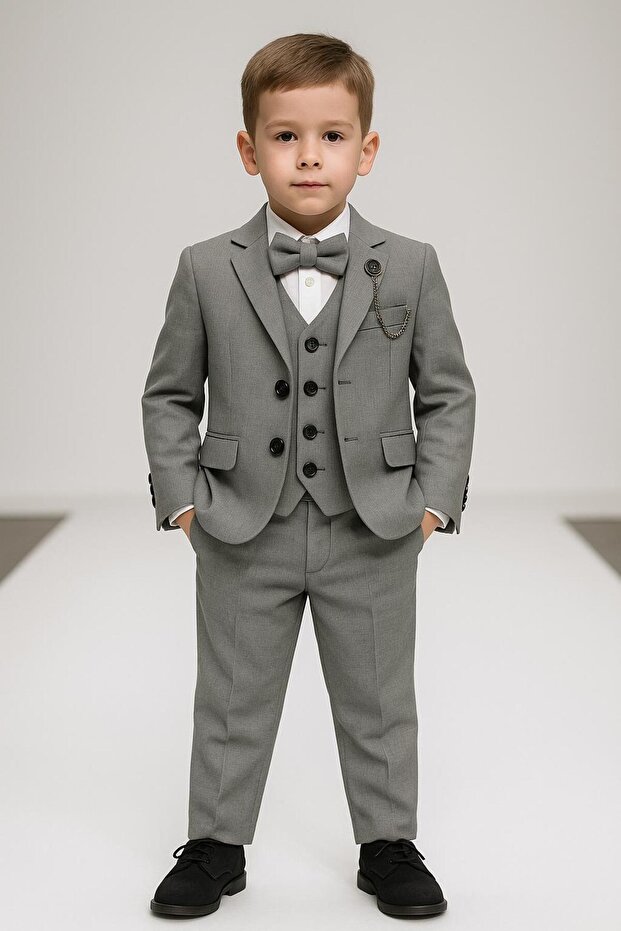 Boy's Chain-Montero Jacketed Tuxedo Suit / Jacket, Pants, Vest, Shirt Bow Tie Slim Fit