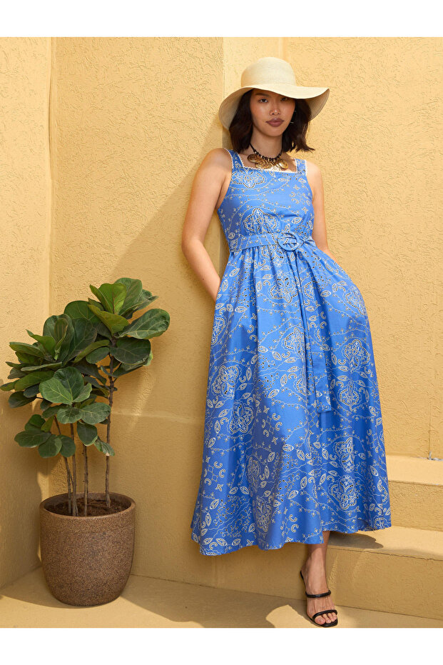 Blue Floral Print Strappy Midi Dress
