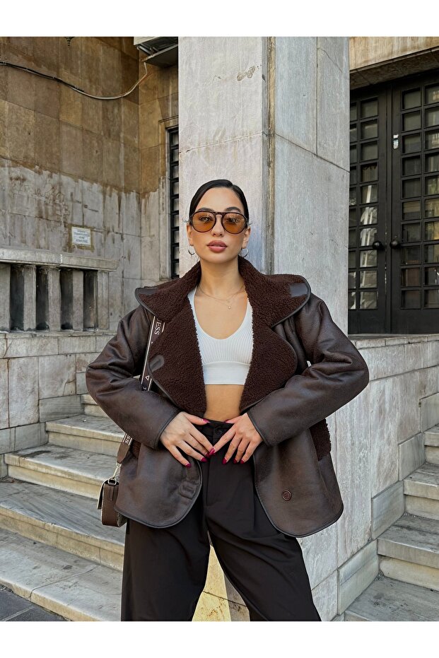 Women's Oversized Brown Shepherd's Jacket with Fur Inside