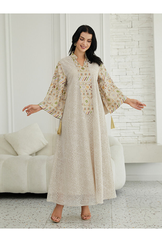 Beige Textured Sequin Patch A-Line Jalabiya
