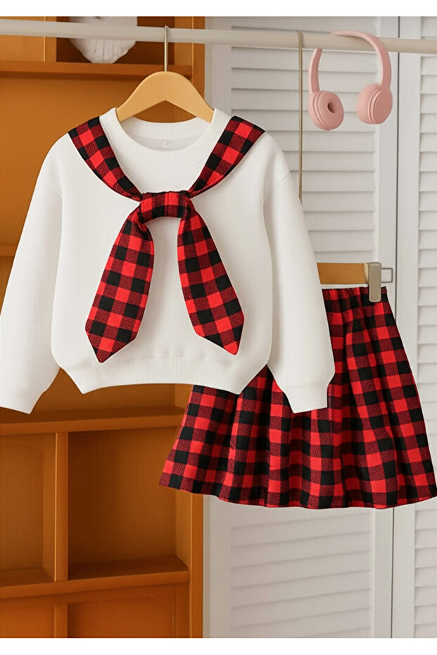 Sash Detailed Sweatshirt Pleated Skirt Girls Set
