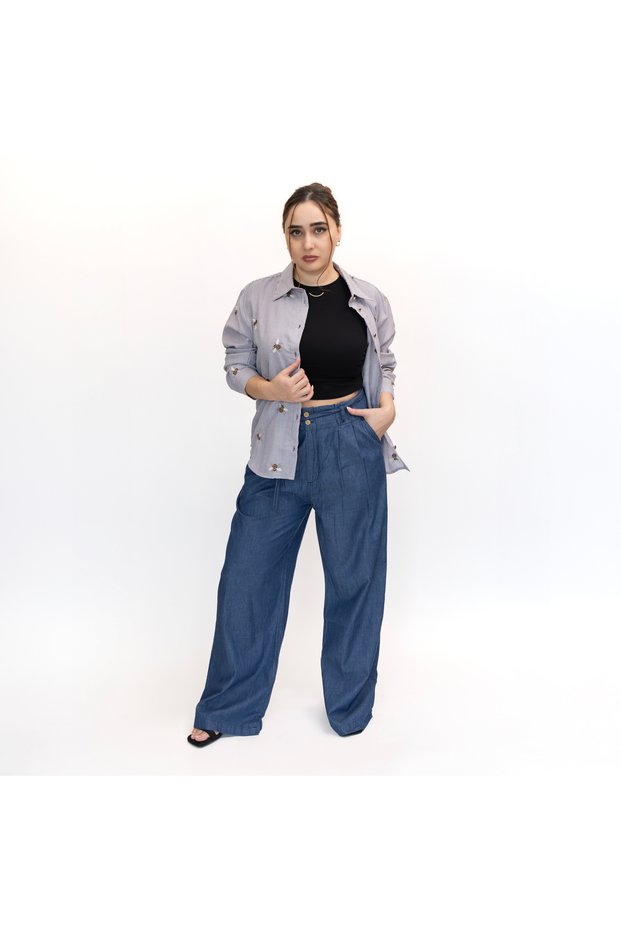 Ladies Casual Wear – Dark Blue Lightweight Loose-Fit Cotton Denim Pants, LLJ33230-DK