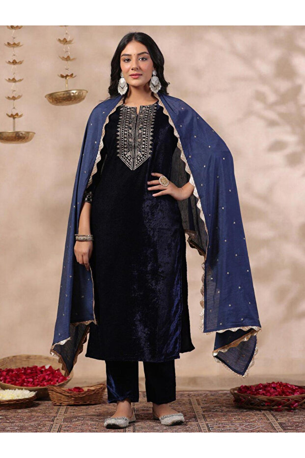 Navy Blue Velvet Kurta with Pants and Dupatta Set