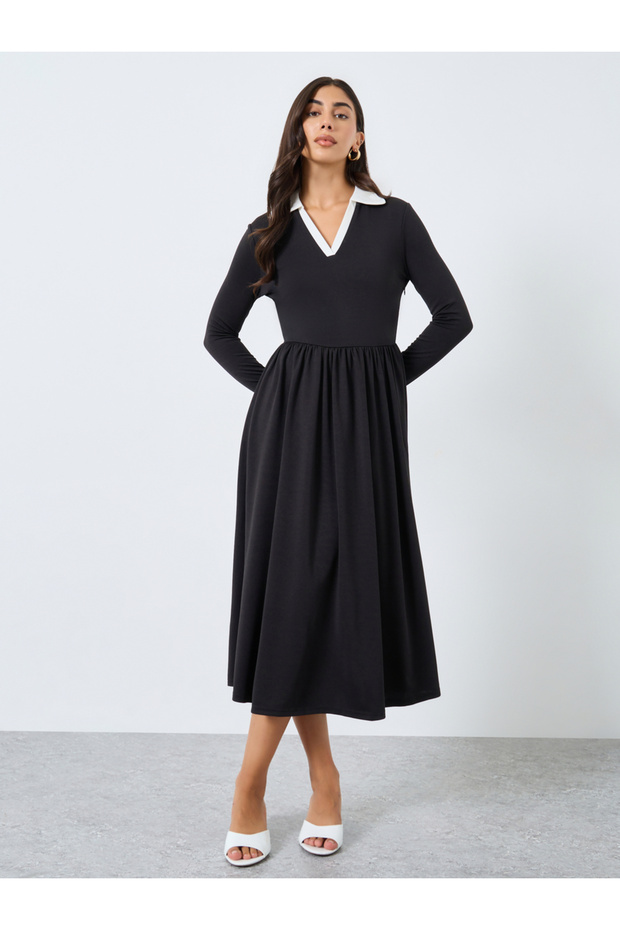 Black Midi Dress with Open Collar