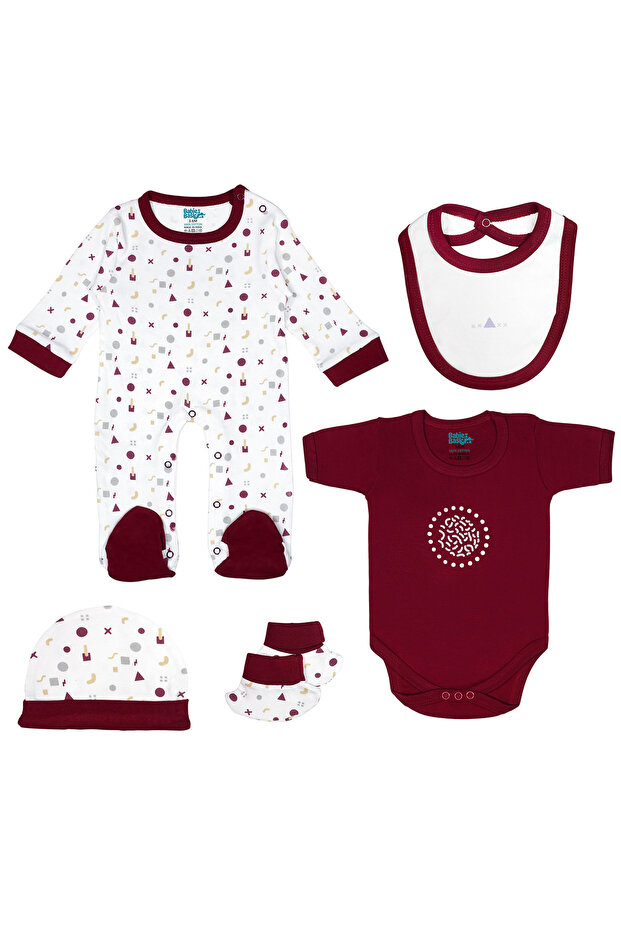 5 piece Sets include Bib, Romper, Mittens, Cap and Sleepsuit, 6-9 Months , Maroon