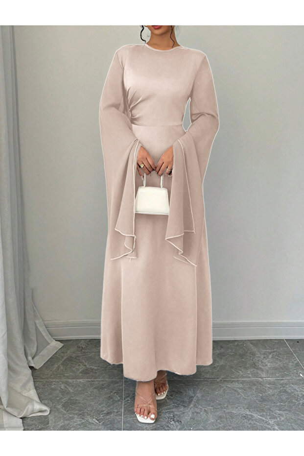 Solid Round Neck Split Sleeve Maxi Dress - 4