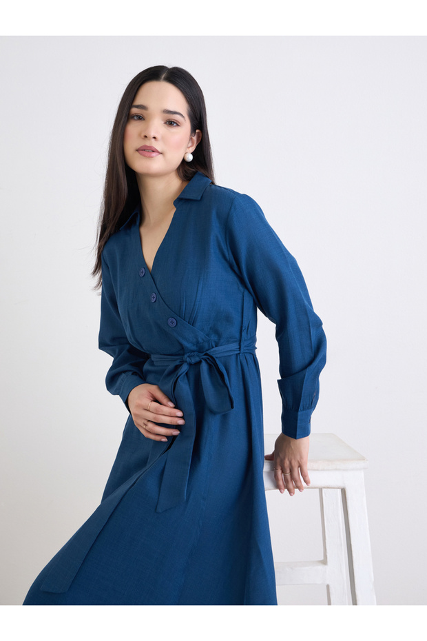 Women Teal Plain Long Sleeves A-Line Midi Dress