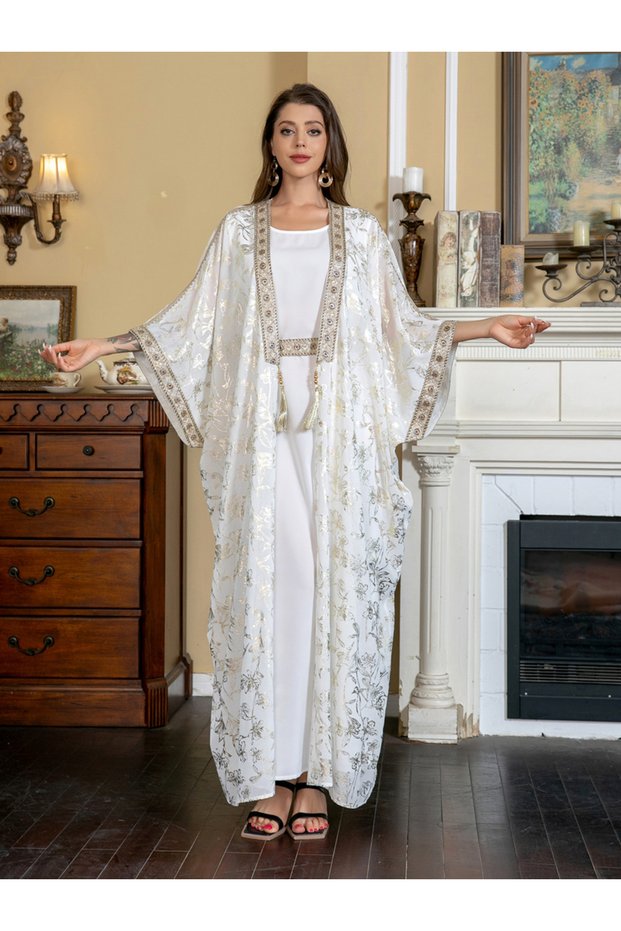 Foil Print Tassel Beaded Detail Kimono and Dress Modest Set