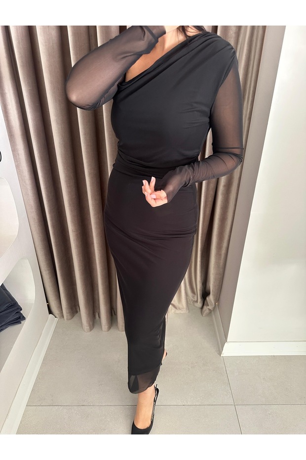 Siyah Tül Midi Elbise - 3