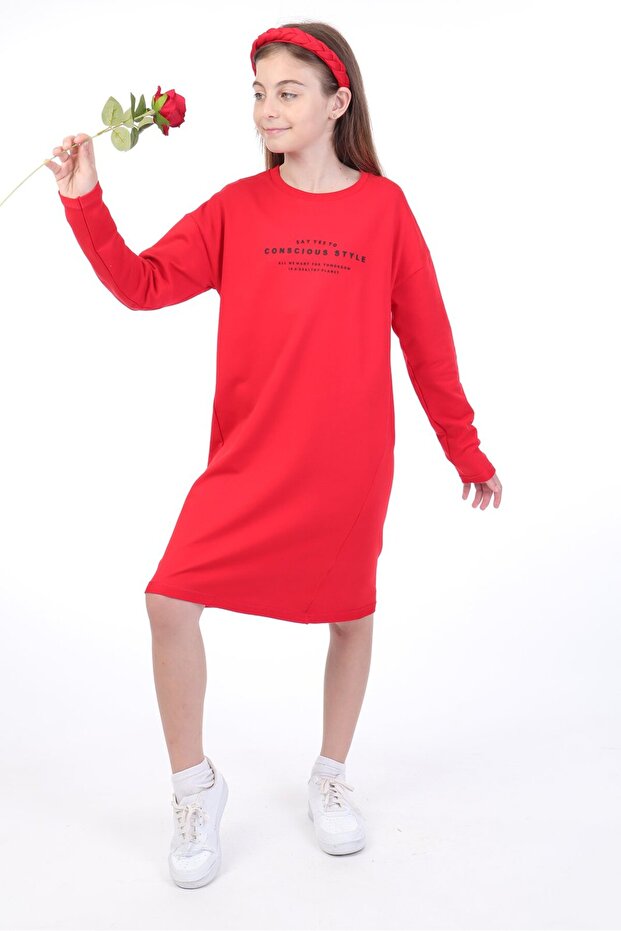 Girl's Printed Relax Fit Crew Neck Long Sleeve Dress